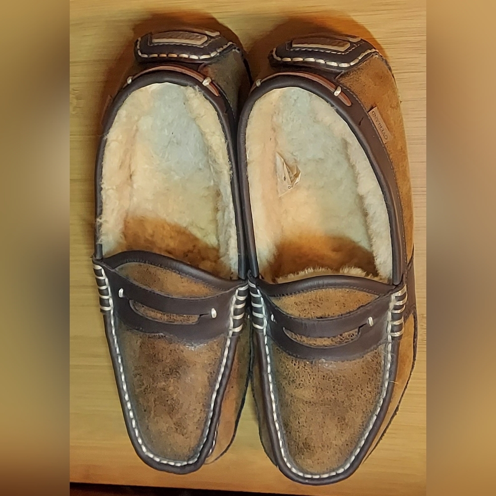 OVERLAND MEN'S DYED & TIPPED SHEEPSKIN LEATHER & FUR LINED PENNY LOAFERS SIZE 10 - Picture 6 of 16